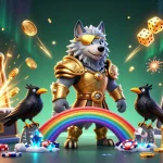 Experience the excitement of fly88 with towering slot machines, golden dice, and vibrant casino elements.