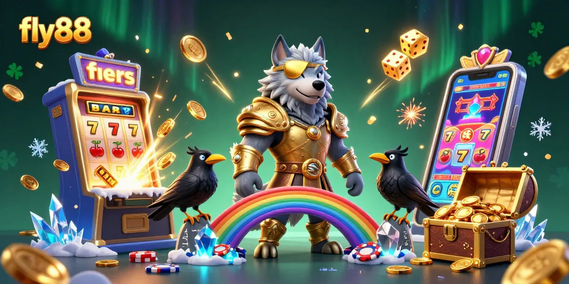 Experience the excitement of fly88 with towering slot machines, golden dice, and vibrant casino elements.