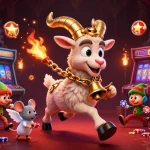 BOM88 showcases a dynamic casino scene with a Krampus goat and angel mouse amid glowing slot machines and animated poker elements.