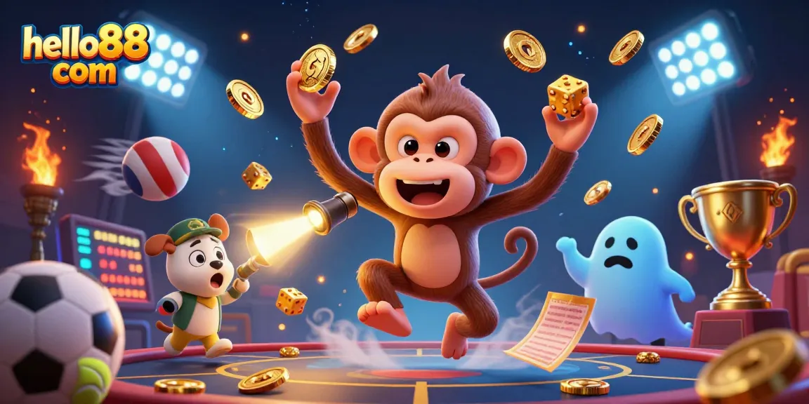 Experience the excitement of hello88 com with a playful poltergeist monkey juggling in a vibrant casino scene.
