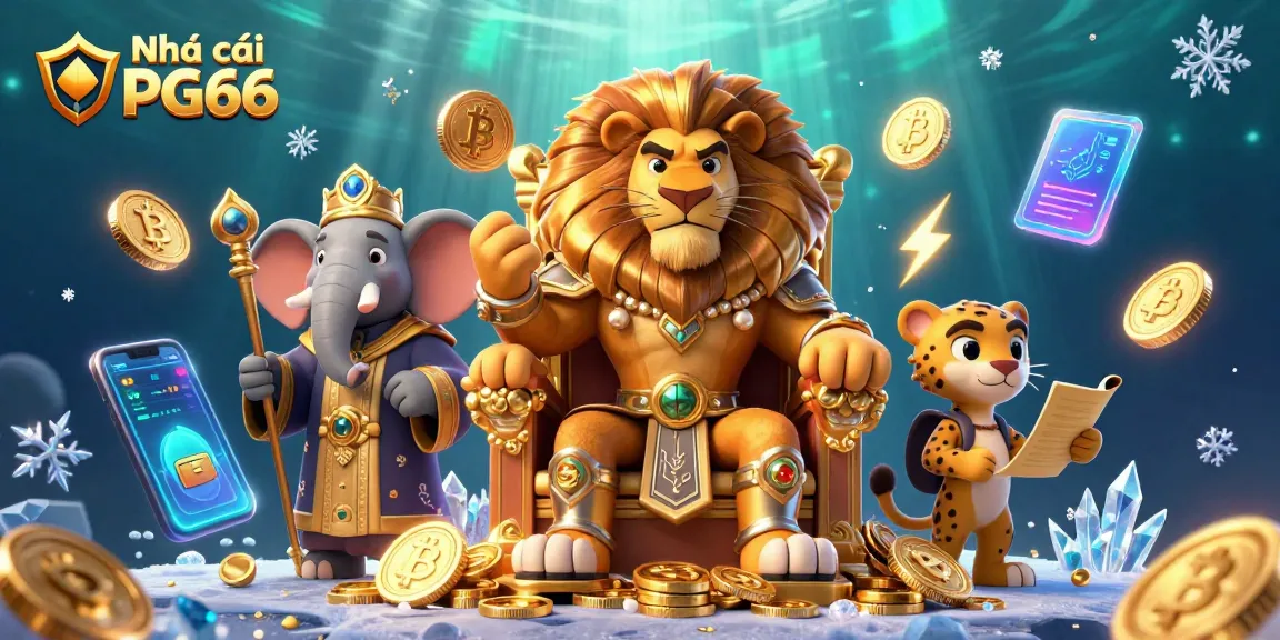 Engage with Nhà cái PG66's vibrant online casino scene showcasing a lion king on a throne amidst dynamic elements.