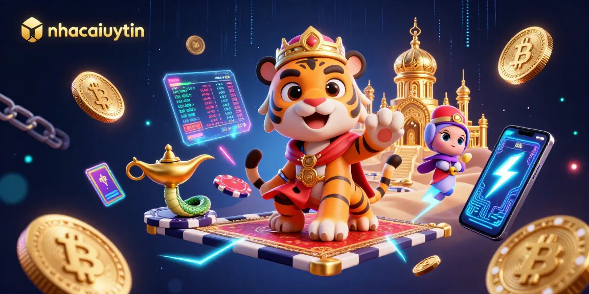 Experience thrilling gaming at nhacaiuytin with a vibrant casino fantasy scene featuring a tiger sultan on a carpet of poker chips.