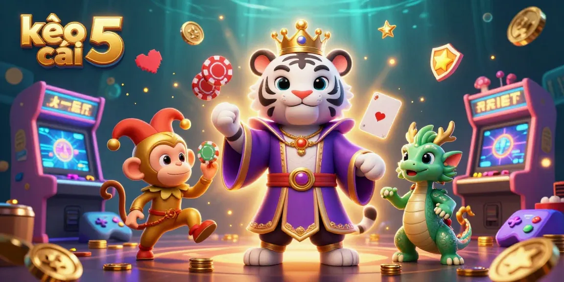 Experience kèo nhà cái 5 in a vibrant, dynamic casino scene with interactive game elements and characters.