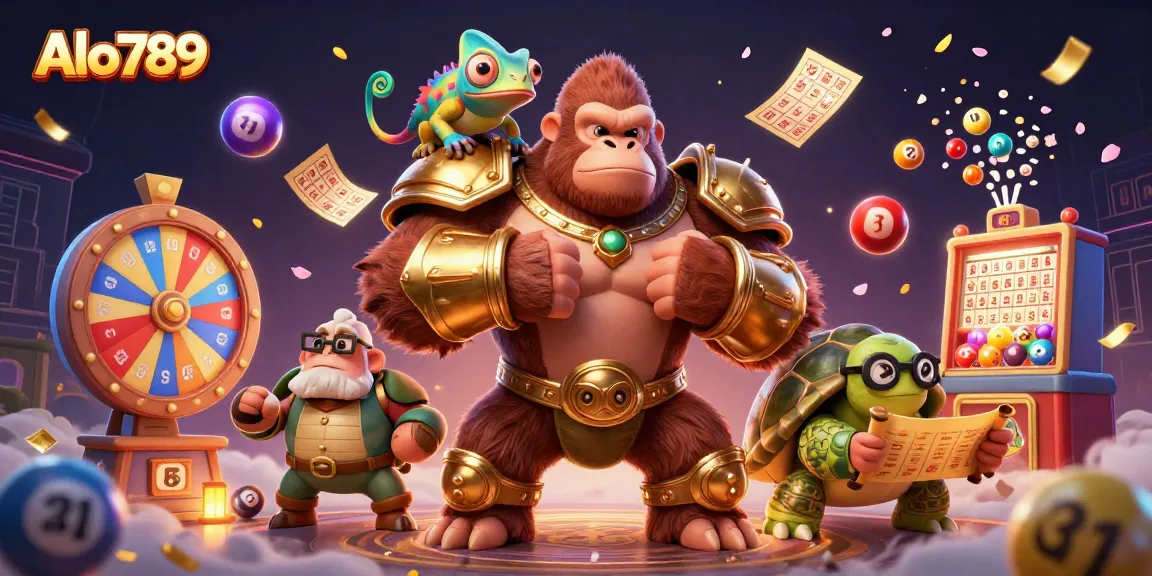 Alo789 offers vibrant gaming action with a gorilla king, colorful lottery balls, and dynamic casino elements.