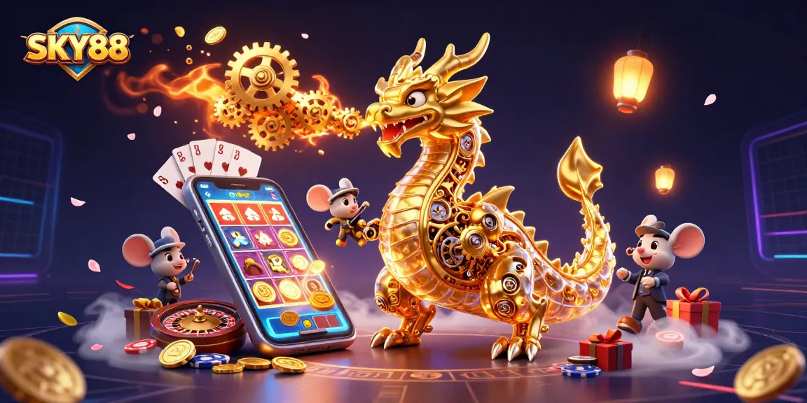 Spin the reels and win with SKY88 in this vibrant, dynamic casino scene.