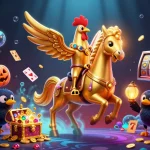 Red88 showcases golden rooster in a vibrant casino scene, surrounded by slot machines and treasure.