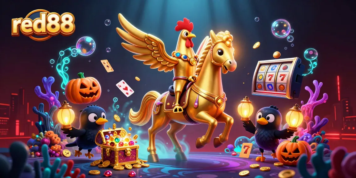 Red88 showcases golden rooster in a vibrant casino scene, surrounded by slot machines and treasure.