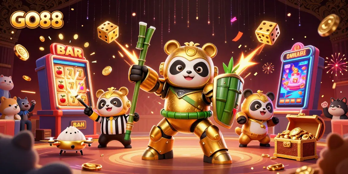 Experience immersive gaming excitement with GO88's animated scene of animated panda piloting a robot amidst jackpot wins.