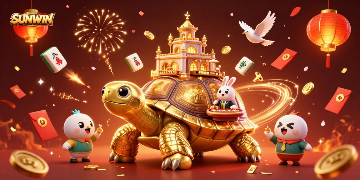 SUNWIN engaging a gaming audience with a dynamic casino scene featuring a golden tortoise, rabbit dealer, and vibrant gaming elements.