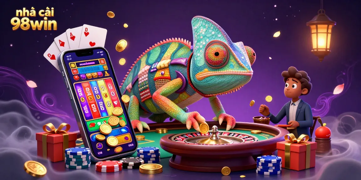 Engage with thrilling experiences at nhà cái 98win, featuring a vibrant chameleon casino owner and dynamic game elements.