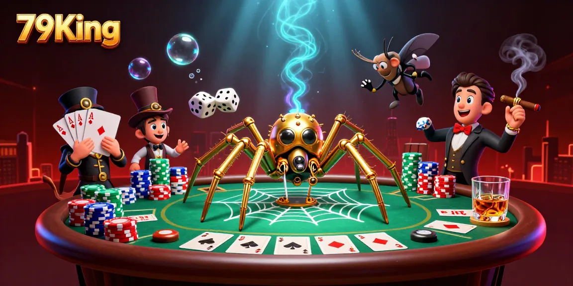 Engage with a thrilling 79King casino scene featuring a steampunk spider, poker chips, and vibrant game elements.