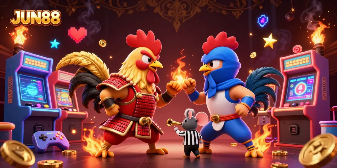 Experience thrilling battles with JUN88's dynamic rooster showdown in a vibrant casino-themed scene.