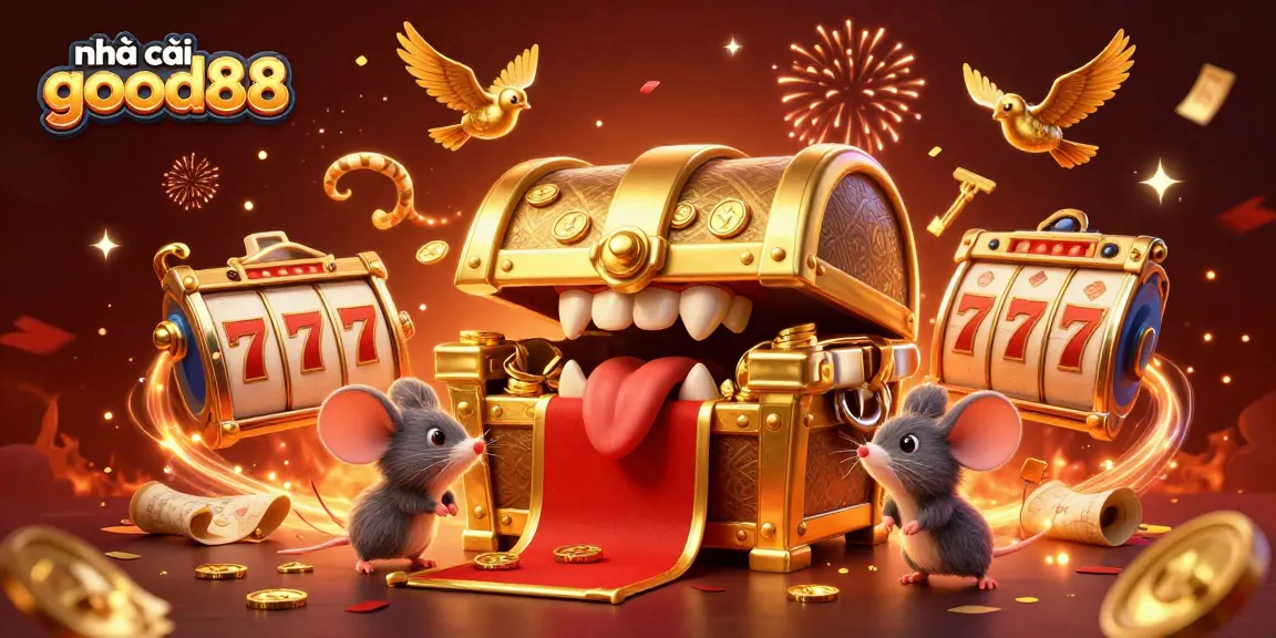 Play and win at nhà cái good88 with an exciting slot machine themed illustration filled with treasure and excitement.