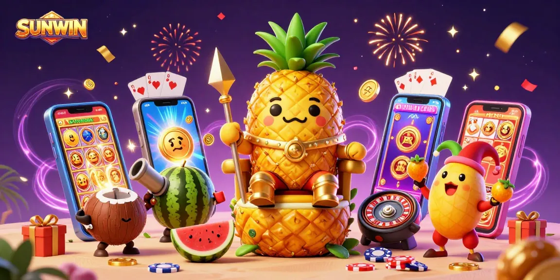 SUNWIN's vibrant gaming scene showcases exciting slot games with colorful characters amid celebration and energy.