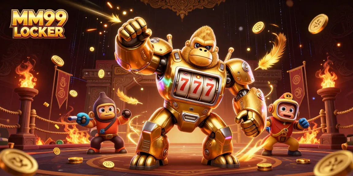 Experience exciting gaming action with MM99 LOCKER featuring a dynamic golden gorilla mech and vibrant casino elements.