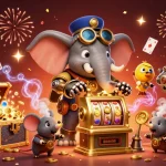 Engaging scene with steampunk elephant operating a slot machine, highlighting keo nha cai dynamics in colorful atmosphere.