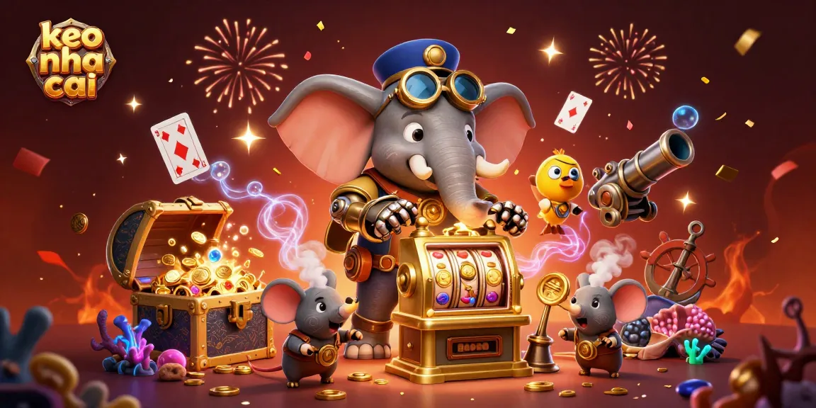 Engaging scene with steampunk elephant operating a slot machine, highlighting keo nha cai dynamics in colorful atmosphere.