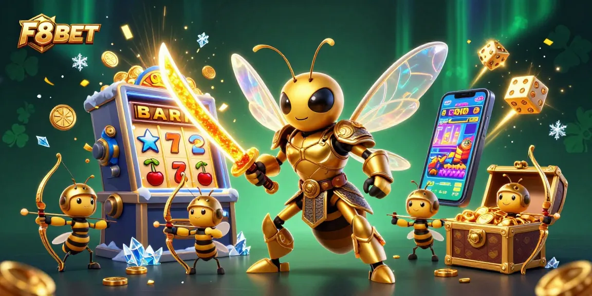 Engage in thrilling games with F8BET as the golden hornet leads a vibrant casino adventure.