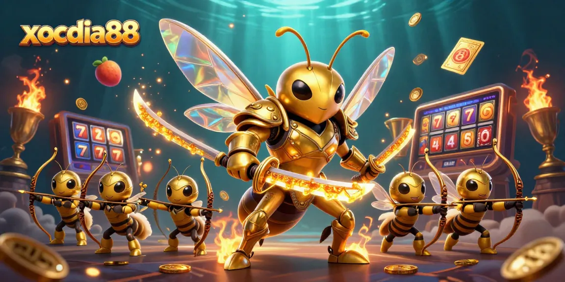 xocdia88 showcases an immersive gaming scene with a golden hornet in samurai armor and vibrant slot elements.