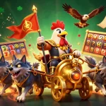 Experience สล็อตเว็บตรง with a thrilling 3D scene showcasing a rooster warlord amidst slot reels and golden treasures.