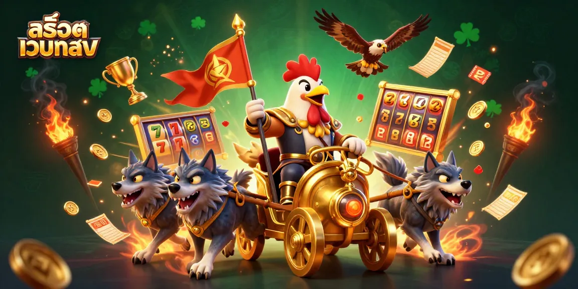 Experience สล็อตเว็บตรง with a thrilling 3D scene showcasing a rooster warlord amidst slot reels and golden treasures.