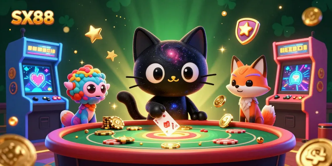 SX88 offers an engaging casino experience with a black hole cat and vibrant game elements.