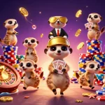 Join the lively 98winnn meerkat casino action with a pit boss and dealers in a vibrant, sparkling scene.
