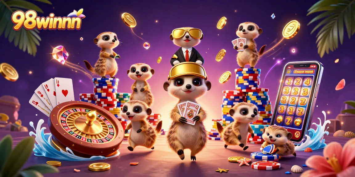 Join the lively 98winnn meerkat casino action with a pit boss and dealers in a vibrant, sparkling scene.