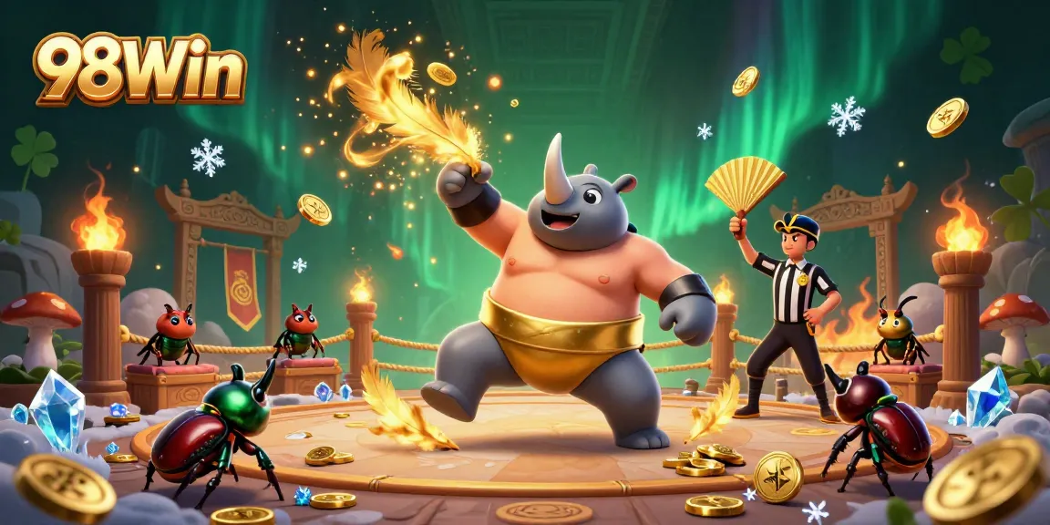 Experience thrilling action at 98Win with a vibrantly illustrated scene featuring a beetle champion and golden coins.