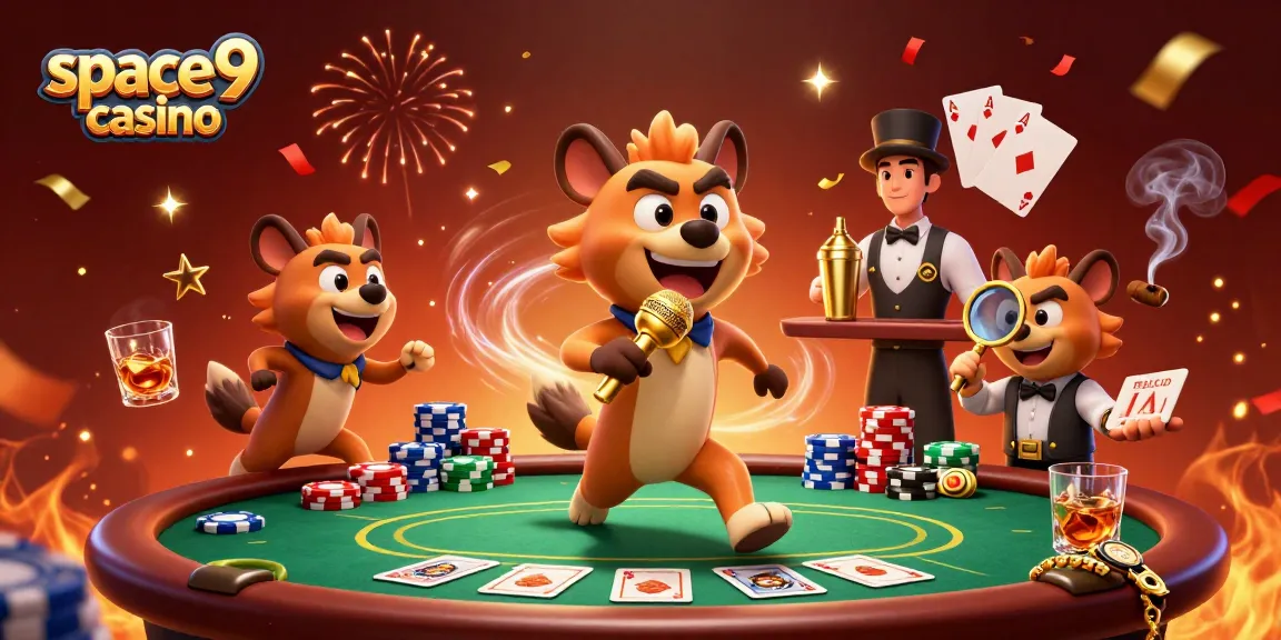 Players enjoy lively games at Space9 Casino with hyena characters at a vibrant comedy show.
