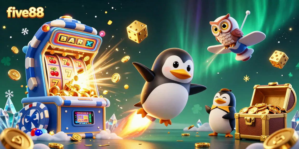 Experience five88's thrilling jackpot wins with a golden penguin, slot machines, and dynamic casino elements.