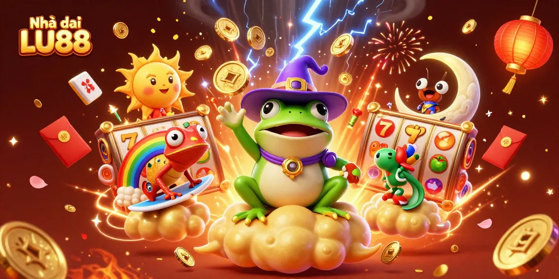 Engage with the dynamic world of Nhà cái LU88 featuring a magical frog and chameleon amidst slot reels.