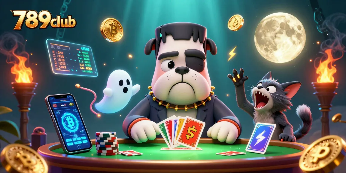 Playcards at 789club with bold characters and vibrant casino elements featuring crypto coins.