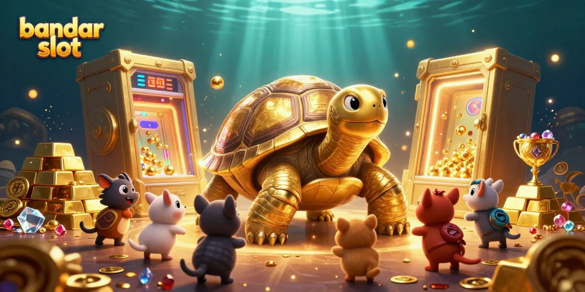 Engaging action scene featuring bandar slot elements, a colossal golden tortoise, and sparkling treasures.