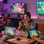 Engaged gamers enjoying Sunwin's online gaming platform with vibrant graphics.