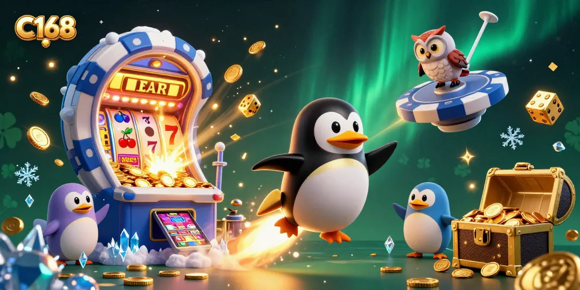 C168 offers exciting experiences as a golden penguin soars towards a jackpot-filled casino.