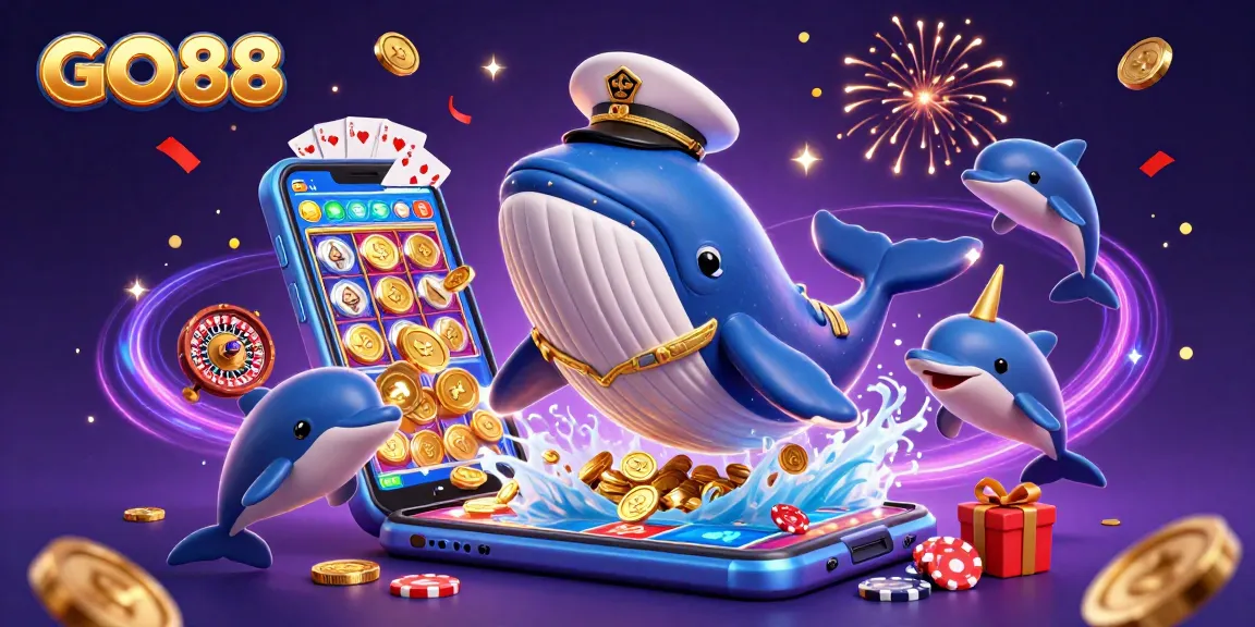 GO88 players enjoy vibrant gaming with a giant cartoon whale amidst casino elements in a joyful scene.