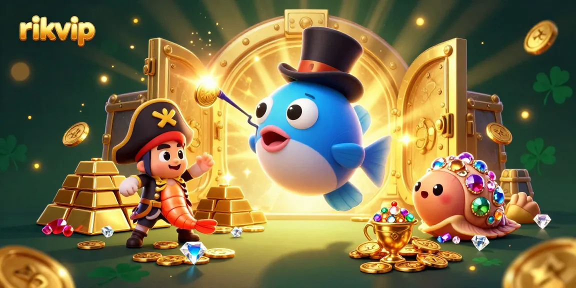 Experience thrilling wins with rikvip while playing alongside a dazzling anglerfish and treasure-filled characters.