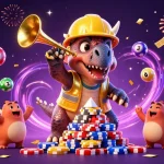 79Z features vibrant celebration with cartoon creatures building poker chip pyramids and dynamic lottery elements.
