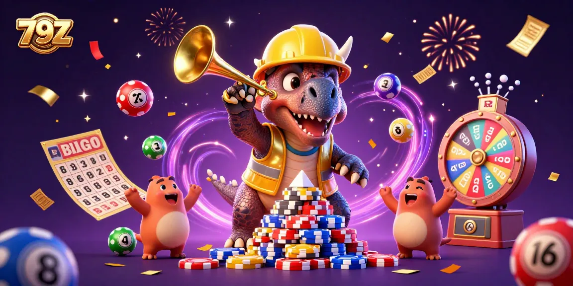 79Z features vibrant celebration with cartoon creatures building poker chip pyramids and dynamic lottery elements.