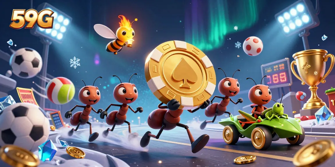 Experience thrilling action with 59G as ants carry a massive golden poker chip through a dynamic heist scene.