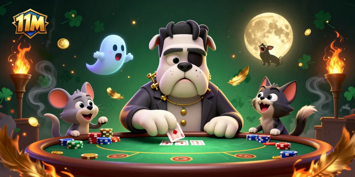 Engage with 11M and win at poker, illustrated with a spooky scene featuring lively characters and vibrant game elements.