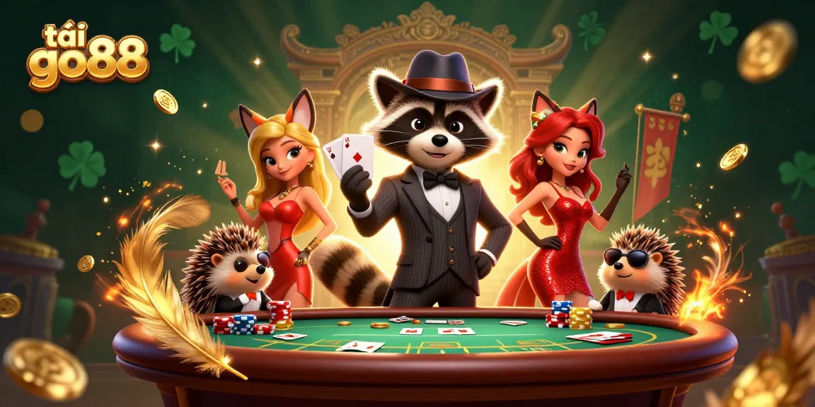 Experience the thrill of tải go88 with raccoon and fox characters at a dynamic poker scene.