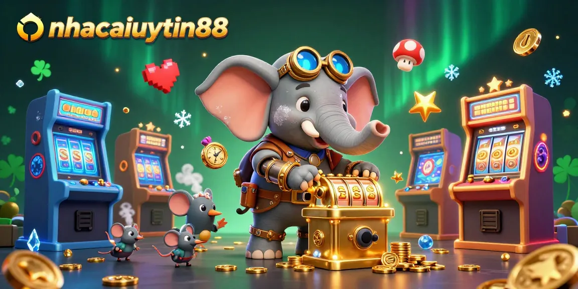 Experience thrilling gameplay at nhacaiuytin88 with a vibrant 3D steampunk casino scene featuring unique characters and slot machines.
