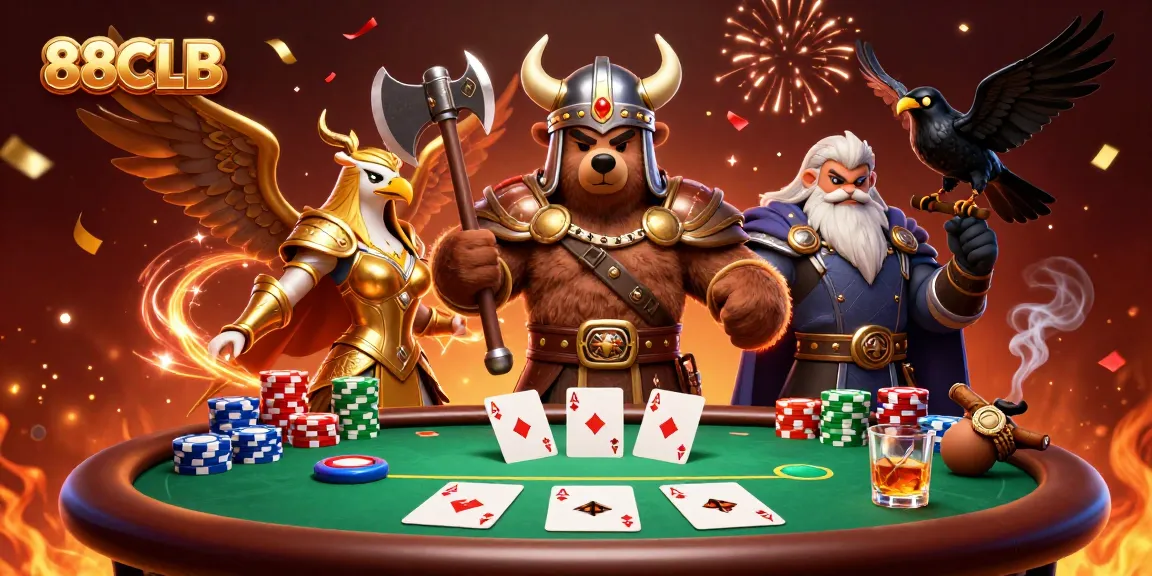 Experience 88CLB's thrilling gaming action with a vibrant 3D illustration of Viking and cards.