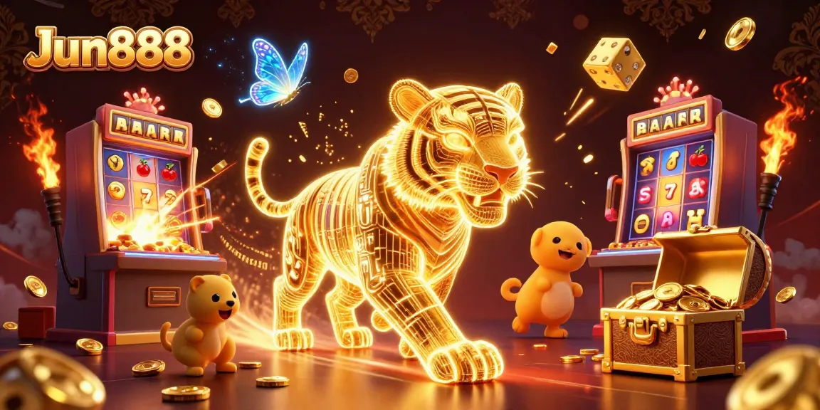 Engage in the thrilling experience of Jun888 with dazzling slots, bright symbols, and a vibrant golden tiger in a casino landscape.