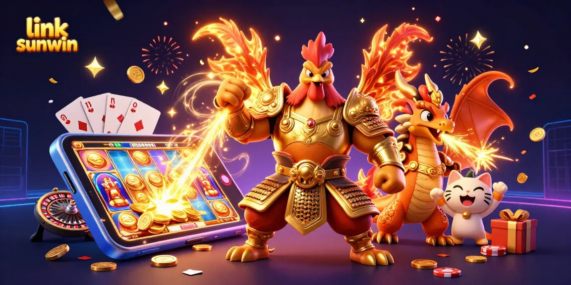 Engage with link sunwin through vibrant casino-themed 3D illustration showcasing exciting games and characters.
