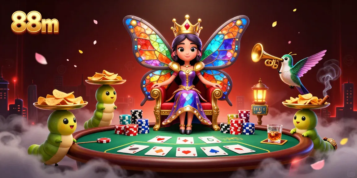 Place bets with 88m in vibrant casino-themed illustration featuring a butterfly queen and poker elements.