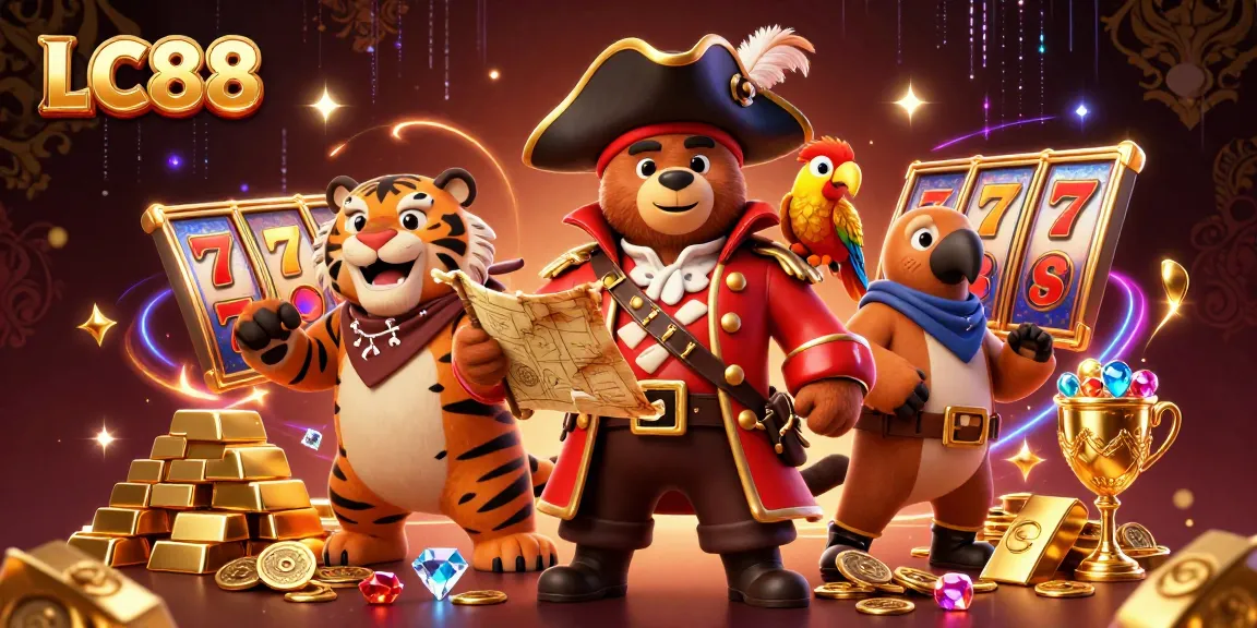 Experience the immersive gaming adventures at LC88 with vibrant 3D illustrations of a pirate bear captain and treasures.