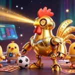 Bet on kèo nhà cái with a futuristic scene featuring a golden rooster robot and sports elements.